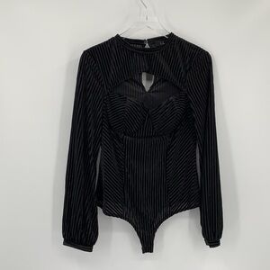 Lulus ribbed velvet long sleeve bodysuit cut-out corset black keyhole women XL